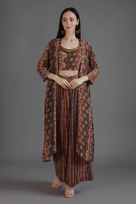 Buy Preeti S Kapoor Orange Crepe Tassels, Chains Round Hoor Honeycomb Floral Print Jacket Pant Set at Aza Fashions Buy_Preeti S Kapoor_Orange Crepe Tassels, Chains Round Hoor Honeycomb Floral Print Jacket Pant Set_at_Aza_Fashions