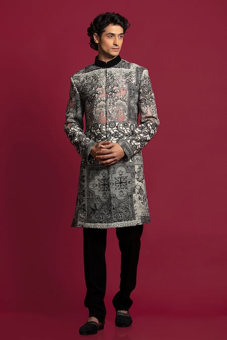 Jayesh Shah Black Wool Printed Monochrome A-line Sherwani Set 