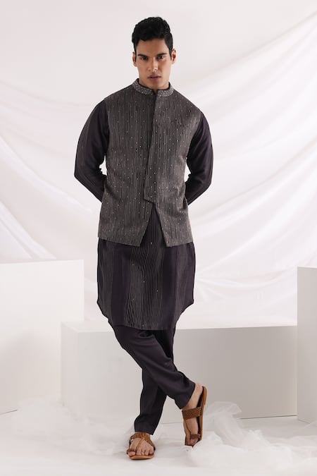 Smriti By Anju Agarwal Embroidered Black Linen Satin Bundi 