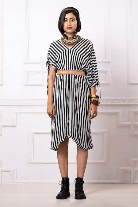 Megha Garg Black Crepe V-neck Stripe Pattern Dress 