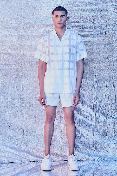 Line out line Windowpane Pattern Shorts 