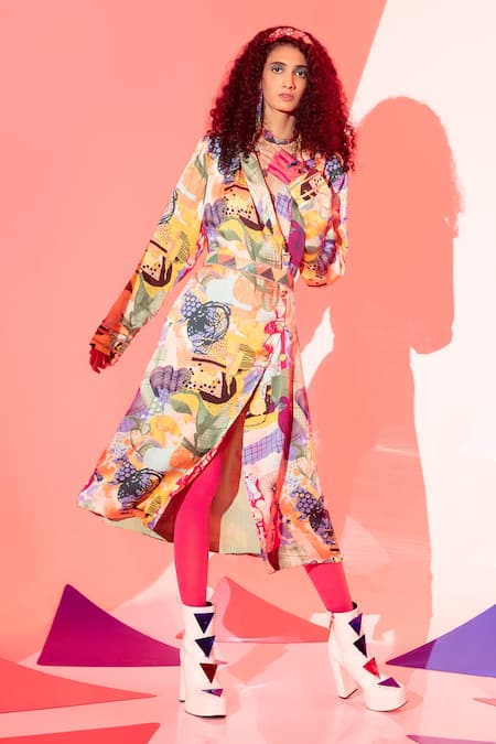 Esha L Amin Multi Color Viscose, Crepe Collared Stella Blazer Dress 