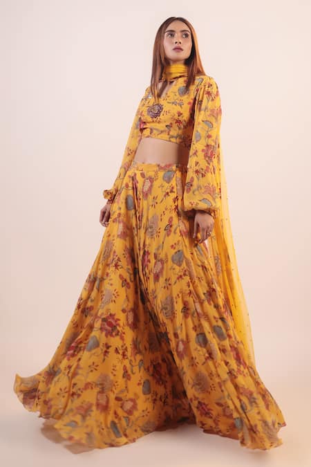 Label Shristi Chetani Yellow Crepe, Georgette Beads V-neck Floral Pattern Lehenga Set 