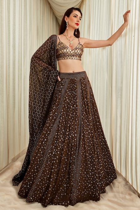 Shop_Sawan Gandhi_Gold Georgette Plunge V Neck Badla Work Bridal Lehenga Set_at_Aza_Fashions