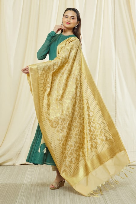 Shop Naintara Bajaj Beige Chanderi Silk Floral Pattern Banarasi Dupatta at Aza Fashions Shop_Naintara Bajaj_Beige Chanderi Silk Floral Pattern Banarasi Dupatta _at_Aza_Fashions