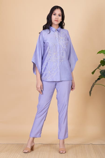 Chambray & CO. Purple Silk Embroidery Collared Anae Flower Shirt And Pant Set 