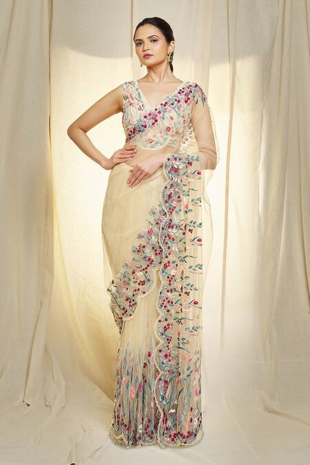 Buy_Vivek Patel_Beige Tulle, Silk Pearls, Beads V-neck Hand Embroidered Saree And Blouse Set _Online_at_Aza_Fashions