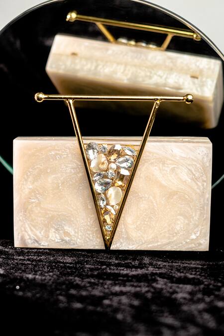 Buy NR By Nidhi Rathi Beige Embellished Stone Resin Clutch Bag at Aza Fashions Buy_NR By Nidhi Rathi_Beige Embellished Stone Resin Clutch Bag_at_Aza_Fashions