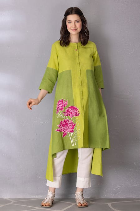 Tanu Malhotra Green Cotton, Linen Embroidery, Applique Placed Lotus Pattern Tunic With Pant 