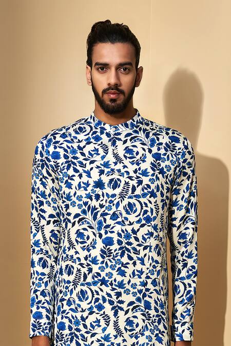 Buy_Dhruv Vaish_Beige Satin, Terry Floral Print Kurta Set _Online_at_Aza_Fashions