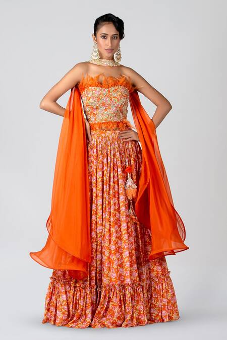 Satin - Floral Print - Lehenga Cholis: Buy Indian Lehenga Outfits Online |  Utsav Fashion