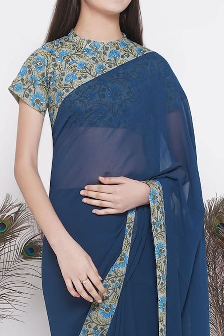 Little Bansi_Blue Georgette, Cotton Embroidery Pre-draped Saree With Blouse_at_Aza_Fashions
