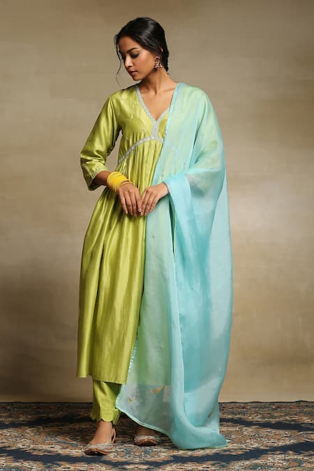 Weaver Story Green Anarkali Lining Cotton, Dupatta Organza, Handwoven Yoke Embroidered Set 