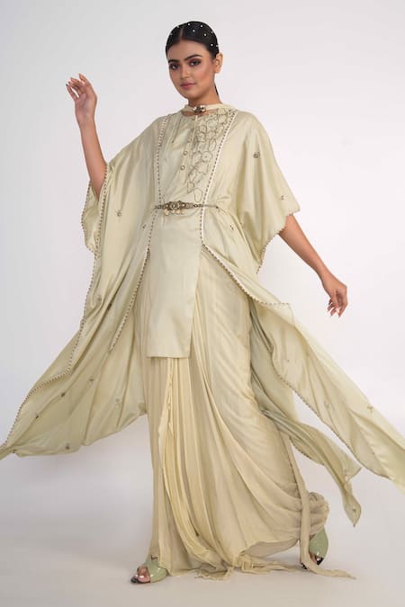 Merge Design Green Georgette, Chiffon, Crepe Embroidery, Pearls, Beads Round Kurta Pant Set 