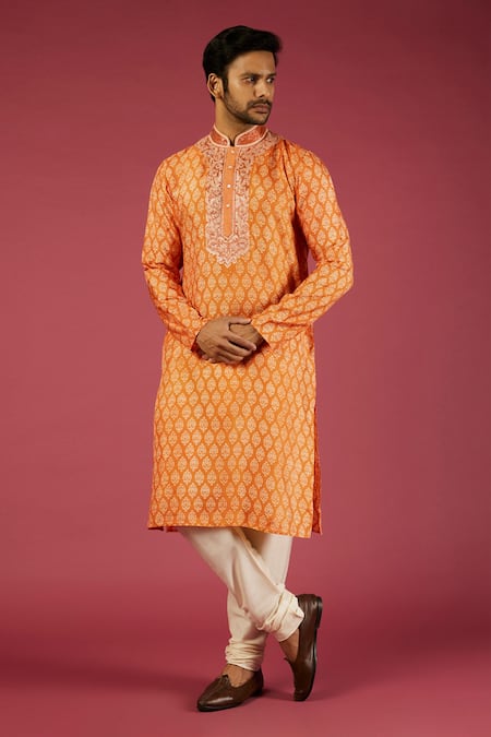 Krishna Mehta Orange Tussar Printed Floral Flower Block Kurta Set 