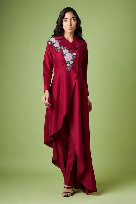 Aakaar Maroon Cotton Silk Embellished Bead Shawl Collar Floral Blazer And Pant Set 