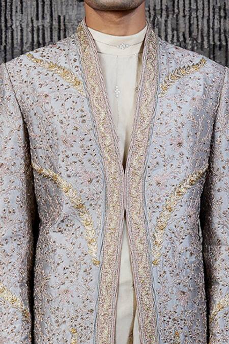 Shop_Shantnu Nikhil_Grey Sherwani Raw Silk And Draped Kurta Set _Online_at_Aza_Fashions