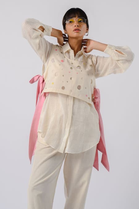 Tussah by Siddhi Shah Handloom Cotton Shirt With Cut Work Overlay 