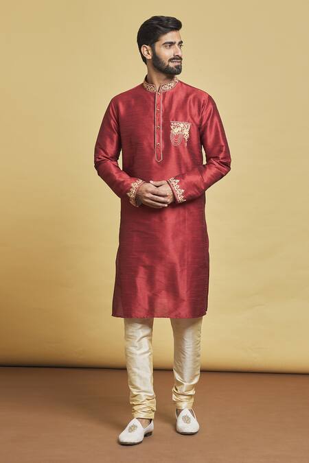 Arihant Rai Sinha Maroon Silk Embroidery Thread Collar Kurta Set