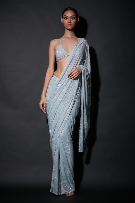 Buy Silver Net Embellished Plunge V Neck Pre-draped Saree With