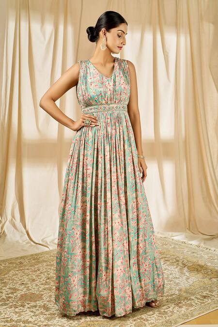 Buy_Aariyana Couture_Blue Net, Crepe Embroidery V-neck Floral Print Anarkali With Dupatta_Online_at_Aza_Fashions