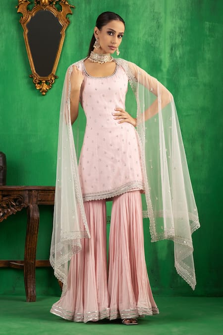Jigar Mali Pink Georgette Embroidery Aari Round Kurta Gharara Set 