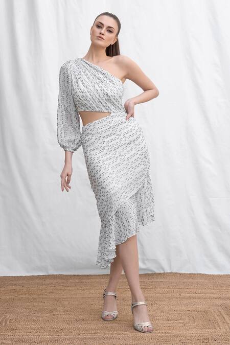 Amrta By Guneet Kondal White Viscose, Georgette Embroidery Asymmetric, One Shoulder Waist Cut Out Dress