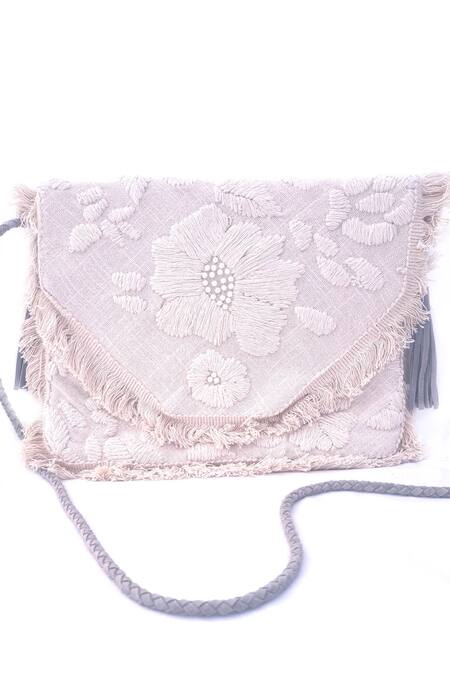 A Clutch Story Ivory Pearls, Fringe, Embroidery Flower Boho Clutch Bag Online at Aza Fashions A Clutch Story_Ivory Pearls, Fringe, Embroidery Flower Boho Clutch Bag _Online_at_Aza_Fashions