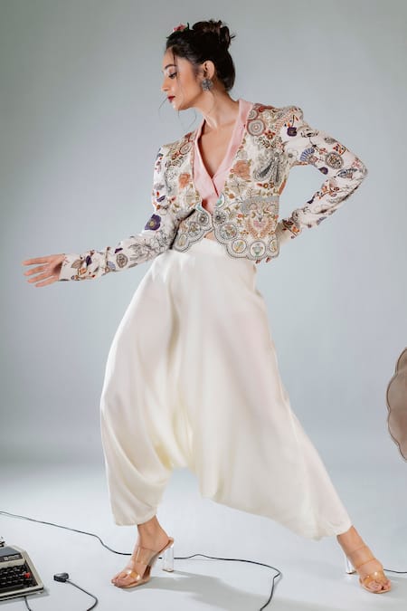 Pds By Sneha Floral Embroidered Waistcoat & Drop Crotch Pant Set 