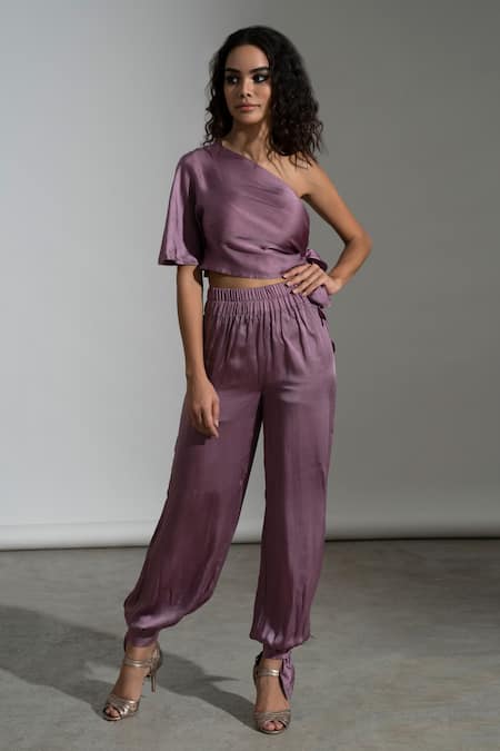 AMRTA by GUNEET KONDAL Purple Viscose Asymmetric Soho Handmade Knotted Top And Pant Set 