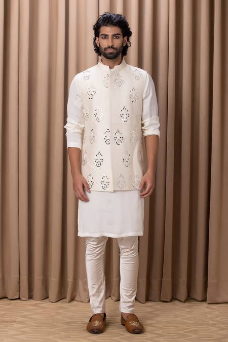 Ankit V Kapoor Cream Raw Silk Hand Embroidered Mirror Work Haseeb Nehru Jacket 