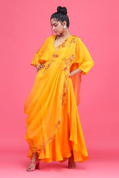 Buy_Raasa_Orange Silk, Drape Organza Sequin, Bead And Thread Work Dress With Embroidered _Online_at_Aza_Fashions