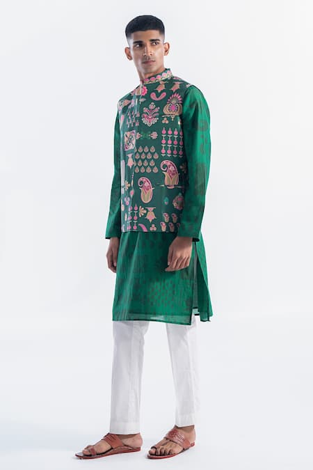 Siddhartha Bansal_Green Silk Embroidery Hamsa Print Bundi _Online_at_Aza_Fashions