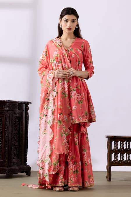 Abbaran Floral Print Gathered Kurta Gharara Set 