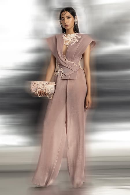 Abhishek Sharma Pink Net, Crepe, Organza Embroidery Plunge Neck Draped Top And Flared Pant Set