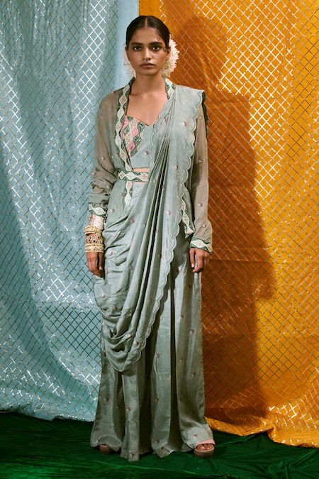 17:17 By Simmi Saboo Green Muslin Silk And Organza Embroidery Strawberry Motif Pant Saree With Bustier Online at Aza Fashions 17:17 By Simmi Saboo_Green Muslin Silk And Organza Embroidery Strawberry Motif Pant Saree With Bustier _Online_at_Aza_Fashions