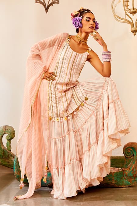 Mona And Vishu Stripe Print Kurta Tiered Sharara Set 