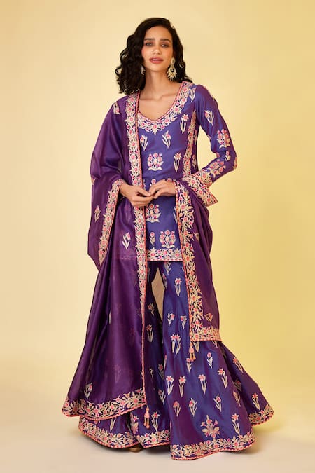 Shyam Narayan Prasad Flower Embroidered Kurta Sharara Set 