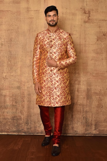 Aryavir Malhotra Maroon Sherwani Art Silk And Jacquard Floral Pattern Set