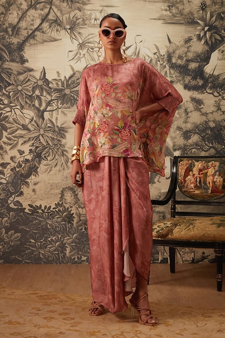 Kalista Pink Viscose Satin Printed Floral Boat Neck Iris Tunic And Draped Skirt Set 