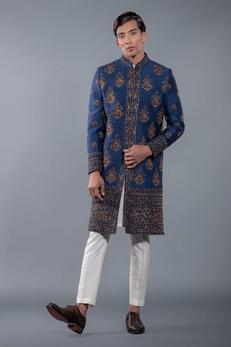 More Mischief Blue Raw Silk Embroidery Floral Sherwani Set  