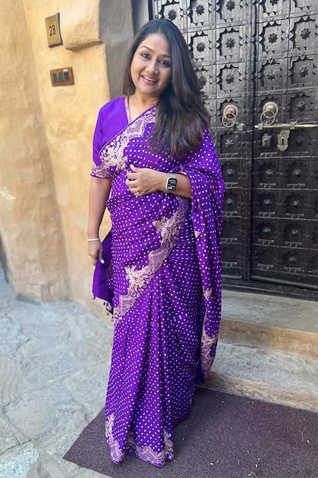 Pink City By Sarika Purple Bandhani Print Silk Saree With Unstitched Blouse Piece 