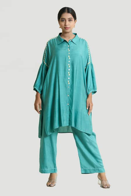 Brij Blue Spun Silk Embroidered Potlis Shirt Pearl Work Box Fit Tunic And Pant Set 