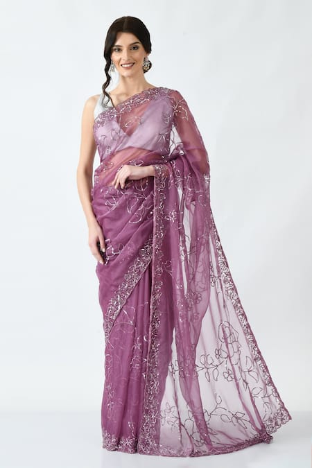mehar Purple Organza Hand Embroidery Floral Sequin Saree 