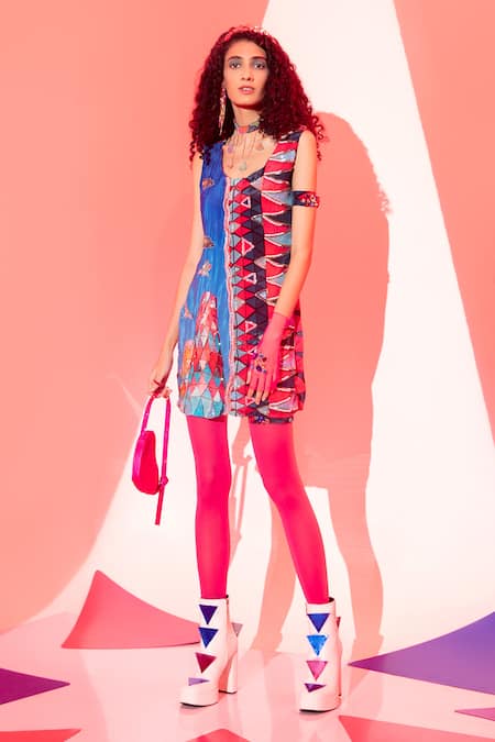 Esha L Amin Multi Color Viscose, Crepe Embroidery Round Neck Crystal And Dress 