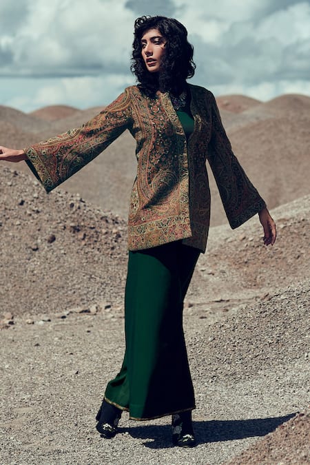 Label Varsha Green Crop Top And Pant Viscose Pashmina Woven Paisley Top Set With Jacket 