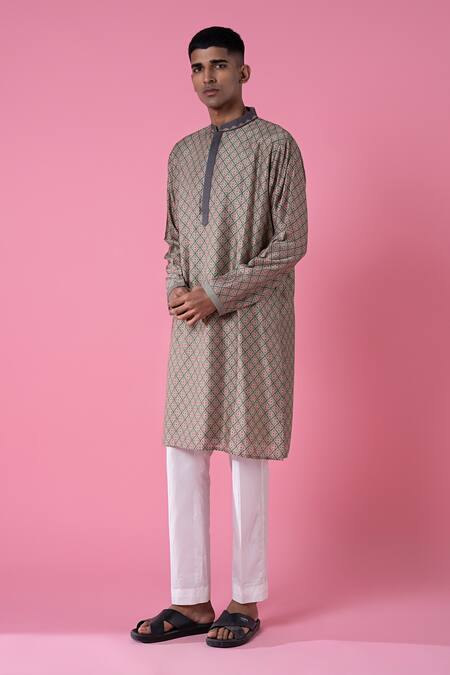 Siddhartha Bansal Grey Chanderi Printed Geometric Kurta And Pant Set  