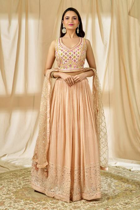 Shop Aariyana Couture Peach Denim, Georgette, Net Sequins, Embroidery Lehenga Set Online at Aza Fashions Shop_Aariyana Couture_Peach Denim, Georgette, Net Sequins, Embroidery Lehenga Set_Online_at_Aza_Fashions
