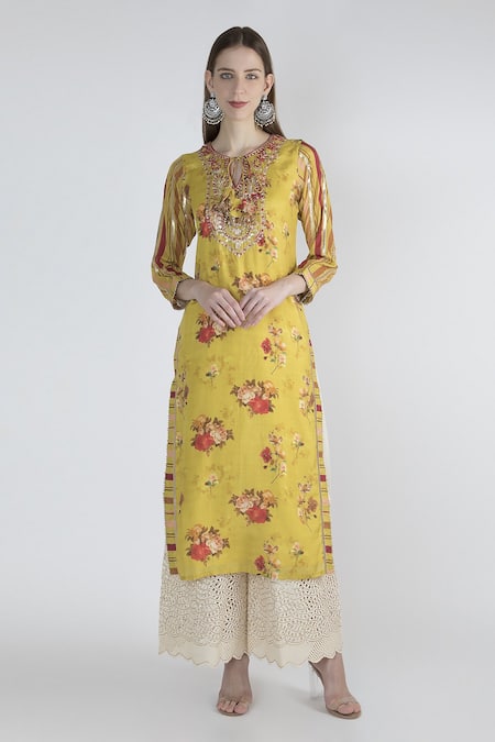 Gopi Vaid_Yellow Cotton, Silk Tassels, Embroidery Round Neck Jaipur Flower Print Tunic _Online_at_Aza_Fashions
