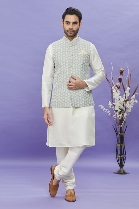 Aryavir Malhotra Geometric Embroidered Bundi & Kurta Set 